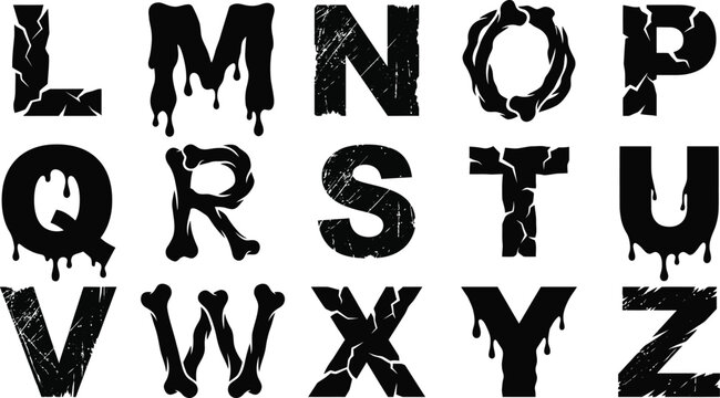 Alphabet halloween font with bone, cracked and dripping text from letter L to Z.