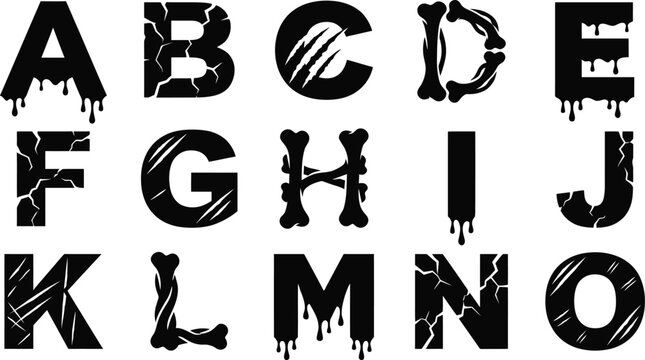 Alphabet halloween font with blood, bone and cracked text from letter A to O.