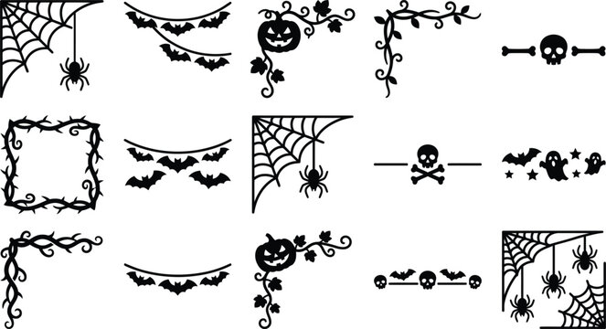 Decorative halloween border and corner frames set featuring cobwebs bats and skull motifs.