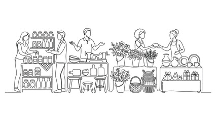 Obraz premium Continuous line drawing of people at a local farmers market