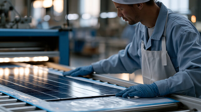 Tibetan solar panel laminator pressing photovoltaic cell strings into encapsulant sheet on production conveyor, renewable energy manufacturing, mountain region industrial