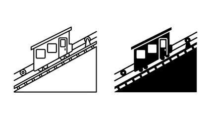 Obraz premium Funicular Railway Icons: A minimalist representation of a funicular railway, showing the inclined track and a car with windows and a door, available in both line art and solid silhouette forms.