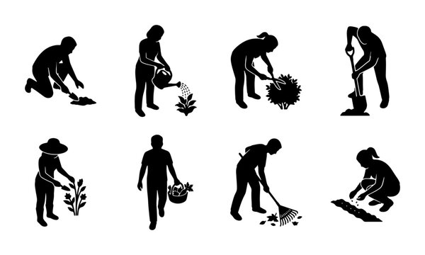 Gardening Silhouettes: Diverse Actions of Planting, Watering, Weeding, and Harvesting, Vector Icons for Organic Farming and Horticulture