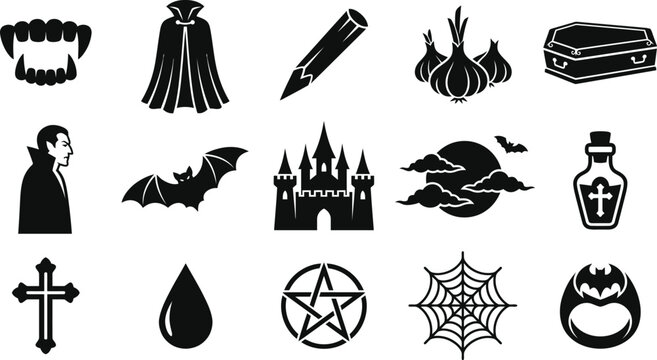Vampire theme icons set featuring bats castle coffins and gothic symbols for halloween art.