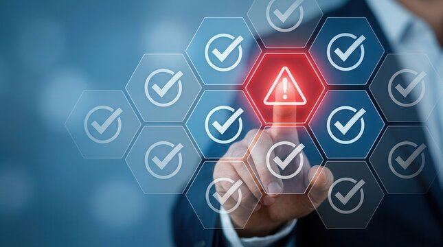 Businessman touching a triangle caution warning sign for error notification and maintenance.