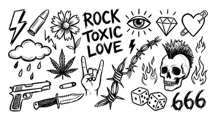 Punk Rock Tattoo Flash Set Hand Drawn Vector Illustration © Mohammad