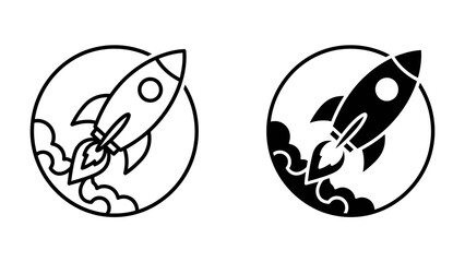 Rocket Launch Icon: A stylized rocket ascends with fiery exhaust, depicted in both a clean line drawing and a bold silhouette, symbolizing progress and exploration. © সৈয়দ আল আমিন