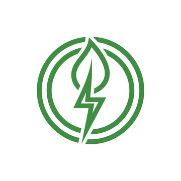 Green energy logo design featuring a leaf integrated with a lightning bolt symbol inside a circle.