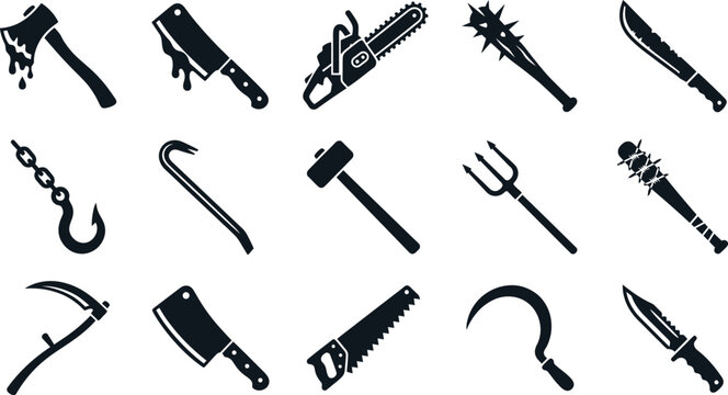 Set of murder weapon silhouettes including butcher knives crowbar and sharp farm tools icon.