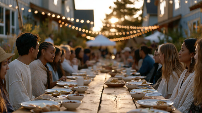 Wide establishing autumn harvest shot of community land trust neighborhood block party, Ethiopian, Inuit, and Colombian families sharing food at long outdoor tables between