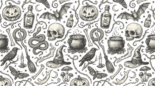 Halloween Seamless Pattern Witchcraft Engraving Style Vector