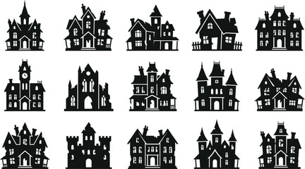 Obraz premium Set of black haunted houses and castles on transparent background vector.