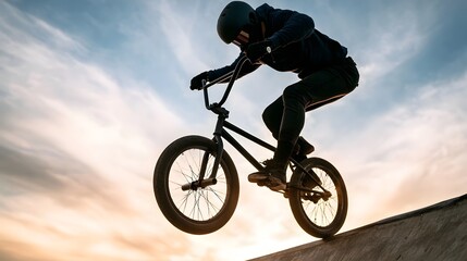 Obraz premium A person riding a BMX bike mid air over a ramp against a dramatic sky at sunset or sunrise