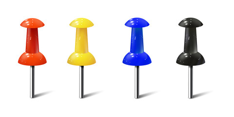 Set of four colorful plastic push pins in red, yellow, blue, and black colors standing upright in a row isolated on a transparent background © Eunos