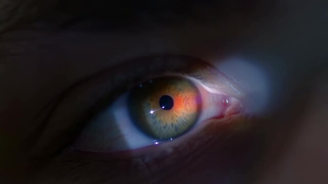 Macro eye close view with intensifying inner corner highlight, glossy corneal reflections, dark pupil, multicolor iris and moist tear film under cool white light