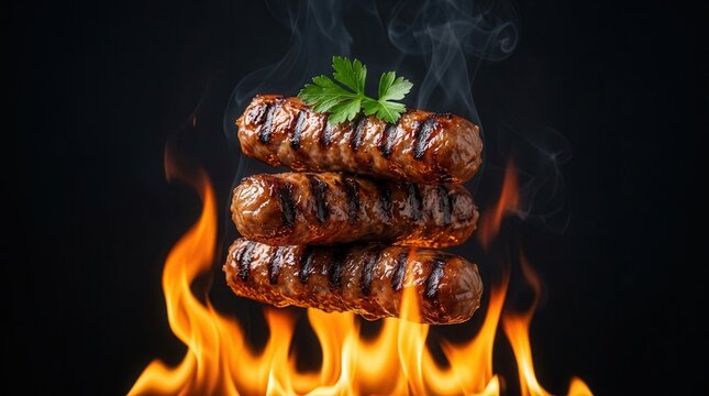 Grilled cevapcici sausages stacked mid-air with herb garnish over bright orange flames.