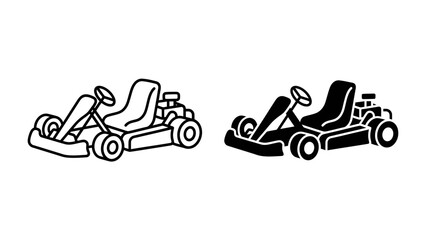 Go-kart Vector Icon: A set of two go-kart vector illustrations, one in outline and the other in silhouette, showcasing the design of a compact, open-wheel racing vehicle. © Al