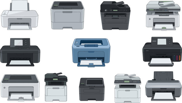 Office printer and copier machine vector set, laser print technology devices illustration