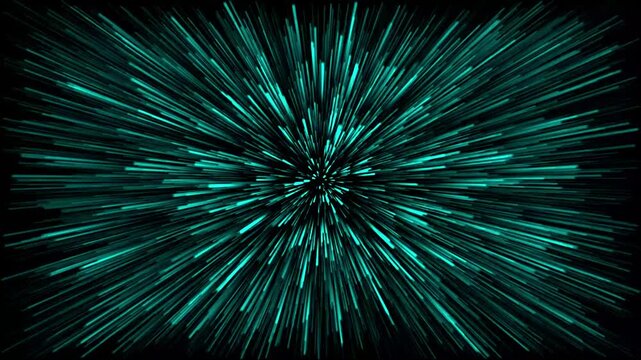 Turquoise abstract energy burst explosion with light streaks on black background