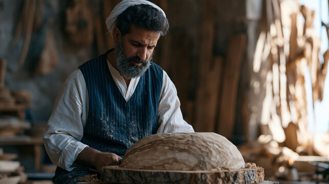 Lebanese artisan olive wood bowl turner at foot-powered lathe shaping raw burl in candlelit workshop, traditional craft production, handmade goods manufacturing, heritage skill