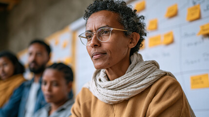Fototapeta premium Ethiopian local versus abroad volunteering workshop at a community center, facilitator drawing a pros-and-cons diagram on a large paper roll pinned to the wall, participants of