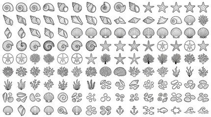 Minimalist seashell line icons set, nautical ocean life vector collection, black and white sea shell and coral illustrations for summer branding © usman