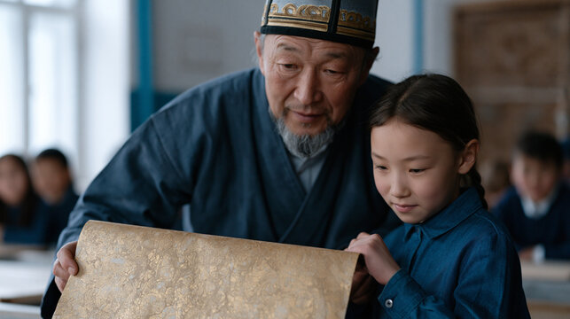 Kazakh paper marbling teacher supports the wrist of a young student lifting her first ebru sheet from a classroom trough, both leaning forward as the pattern reveals itself, the