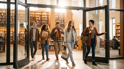 Fototapeta premium Group of diverse students walking out of a university library building after studying.