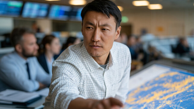 Mission operations team surrounds holographic asteroid trajectory model inside planetary defense briefing room, Mongolian aerospace engineer pointing to projected orbital