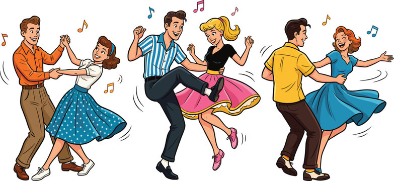 Retro 1950s rockabilly dance party, vintage vector illustration of couples dancing to music rock and roll,