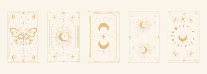 Fototapeta na wymiar Mystical tarot reverce border card frame with celestial moon and star patterns. Esoteric boho sacred cover design featuring magical symbols for spiritual illustration and occult art projects. 