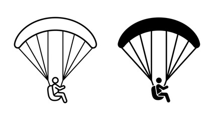 Paraglider Icon Set: A collection of simple line art and solid silhouette icons depicting a person paragliding, showcasing the thrill of aerial sports. © Al
