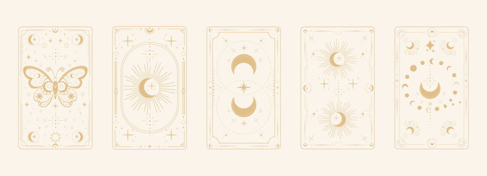 Mystical tarot reverce border card frame with celestial moon and star patterns. Esoteric boho sacred cover design featuring magical symbols for spiritual illustration and occult art projects. 