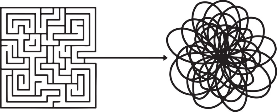 A conceptual black and white showing a structured square maze transitioning into a chaotic tangled scribble, representing the transformation from order to confusion and complexity