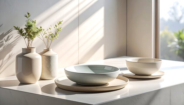 Table setting with ceramic dishes and flowers.