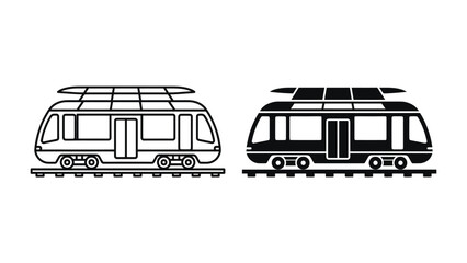 Tram Icon Set: A clean and modern icon set featuring a tram on a railway track, presented in both outline and solid black variations, perfect for transportation-themed designs. © bittv