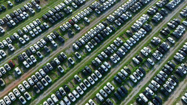 High-angle drone image of thousands of vehicles parked in organized rows, emphasizing production surplus, logistics management, industrial efficiency, and evolving transportation demand. 4k.
