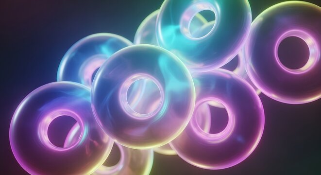 Vibrant glowing holographic neon toroid rings geometric circular tunnel background