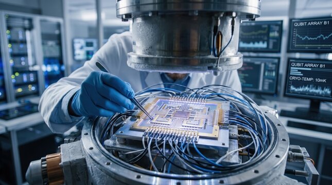 Scientist in lab coat adjusting quantum computing chip inside cryogenic chamber, representing advanced research in quantum technology, superconducting qubits and next-generation...