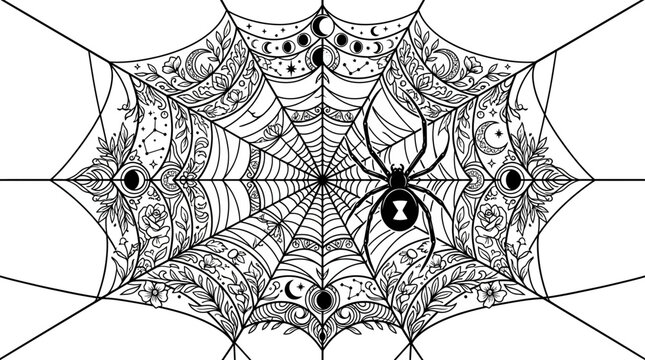 Mystical Spider Web with Black Widow and Celestial Moon Phases - Vector Art