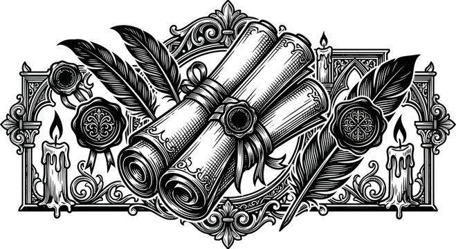 Vintage Scrolls, Quills, Seals and Candles - Ornate Illustration