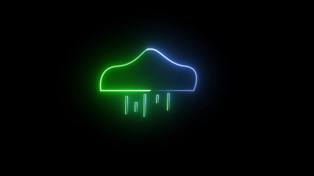 Neon cloud icons raining with blue and green lights on black background for weather alerts