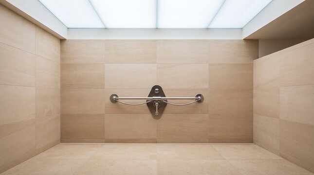 Modern minimalist accessible bathroom featuring tan limestone tiles and a polished chrome grab bar designed for safety and support in a luxury spa.