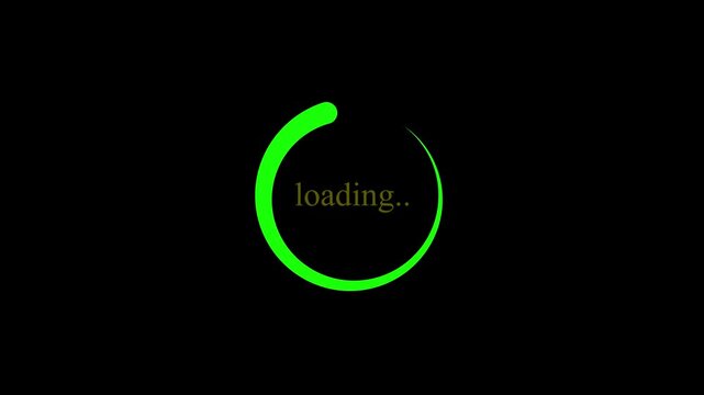 Green loading circle indicators with text on black background during digital process and buffering