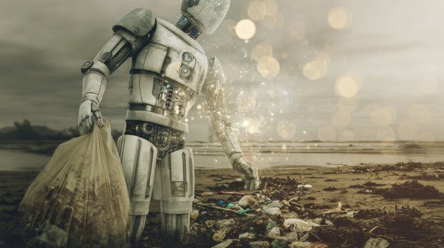 From waste to wonder: transforming a beach for earth day. Machine intelligence. Dedicated environmentalist cleans beach debris, focus on wet sand. Mechanical being. Robotic identity.