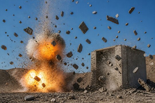 Concrete block exploding with flying debris amid clear sky