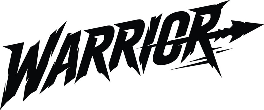 Warrior text logo design with sharp aggressive lettering and arrow element in bold black font style for sports team branding or edgy streetwear fashion graphics