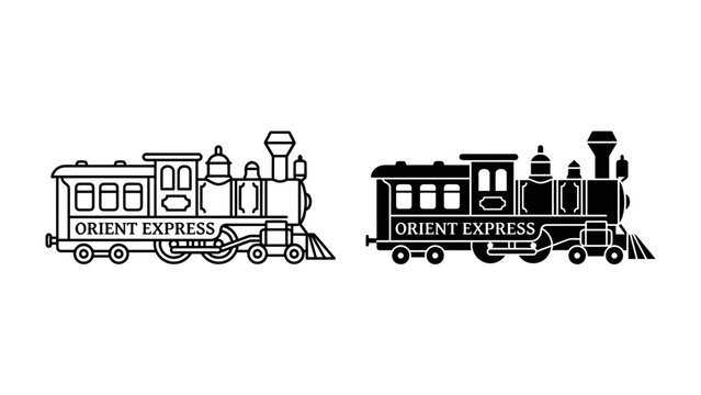 Vintage Locomotive, Orient Express Icon: A classic steam locomotive, a symbol of the Orient Express, presented in both outline and silhouette form.