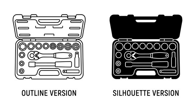 Tool Box Set: An illustration shows an open tool box containing various sockets and a ratchet, presented in both outline and silhouette versions.