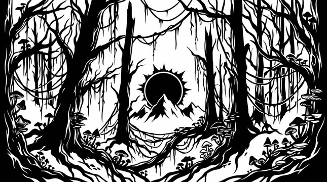 Mysterious Dark Forest Silhouette with Mountain and Sun Eclipse